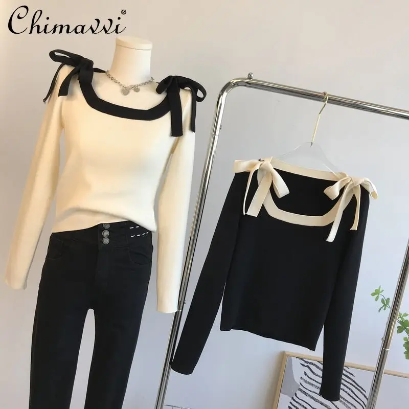 

Женский трикотажный пуловер с длинным рукавом и квадратным вырезом