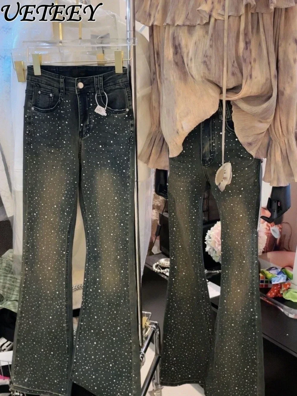 Женские джинсовые брюки с завышенной талией облегающие в стиле ретро Осенние