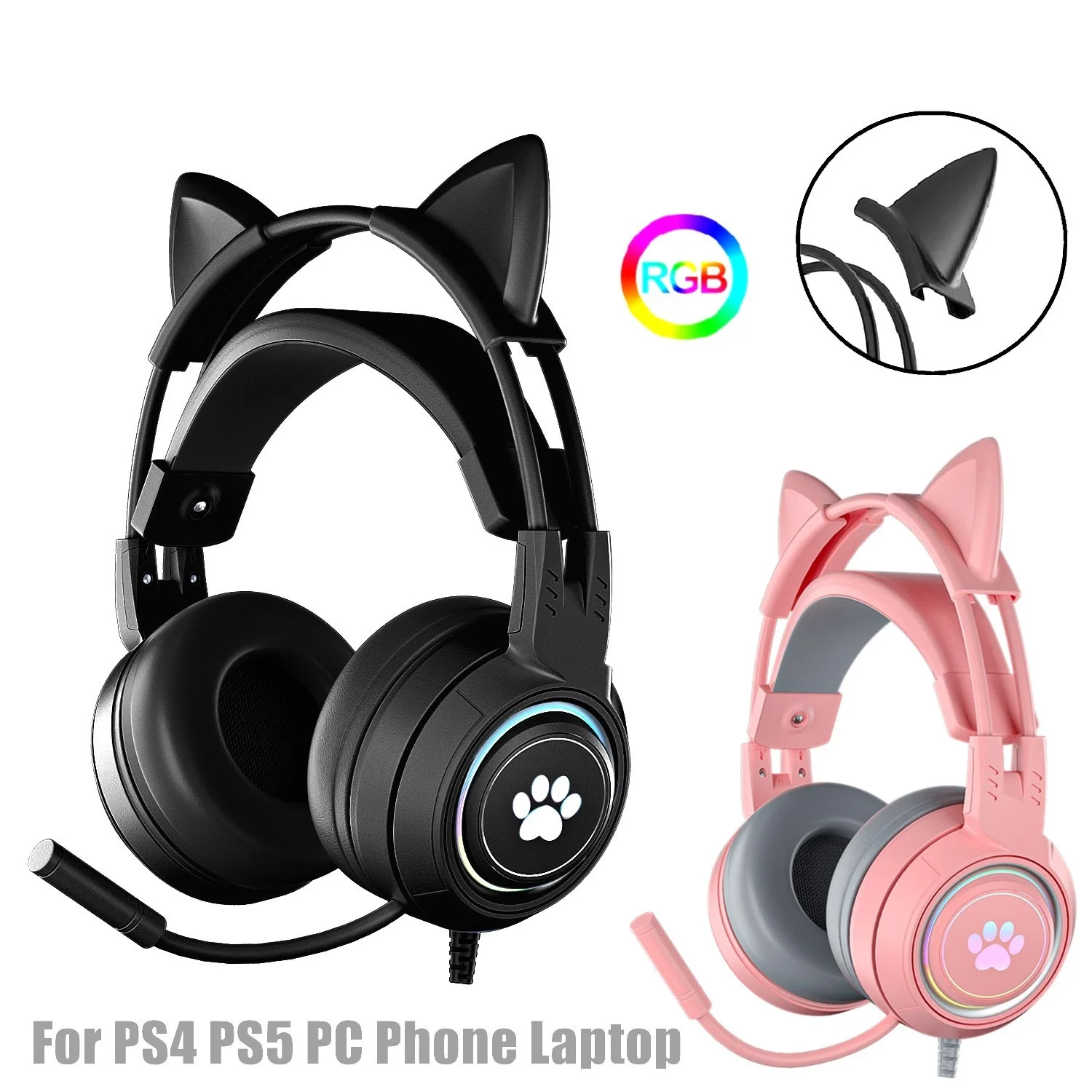 

2022 HiFi стереонаушники с басами и кошачьими ушками с микрофоном для PS5 гарнитура для геймеров для девочек красный зелёный синий черный розовы...