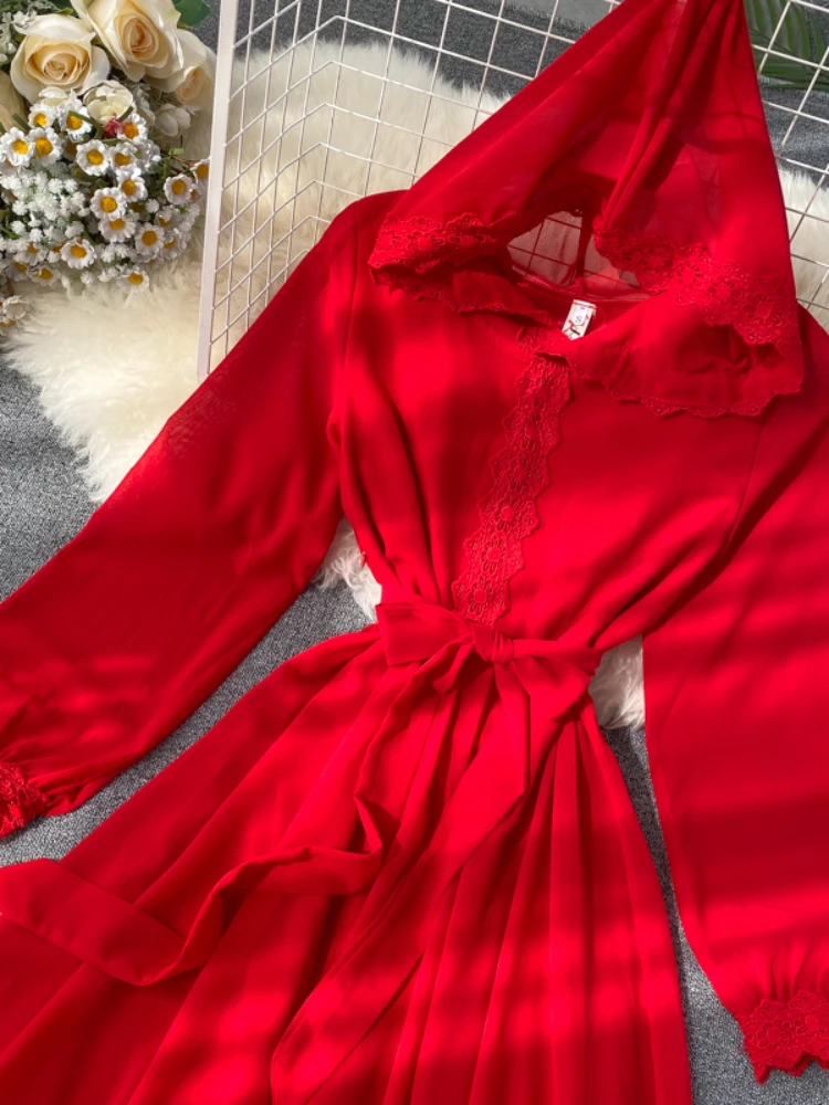 Красное длинное платье с капюшоном женские элегантные шифоновые пляжные платья