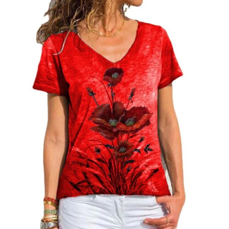 

5XLLarge Size Women Floral Print T Shirt Short Sleeve Oversized Ladies Tops Streetwear Casual V-Neck Loose Summer Tee 2022 New