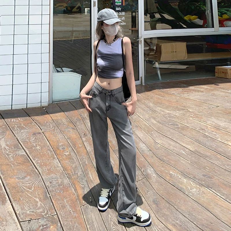 Jeans Female 2023 Pants Black Grey High Street Summer New Korean Versatile Straight Leg Pants High Waist Loose Pants