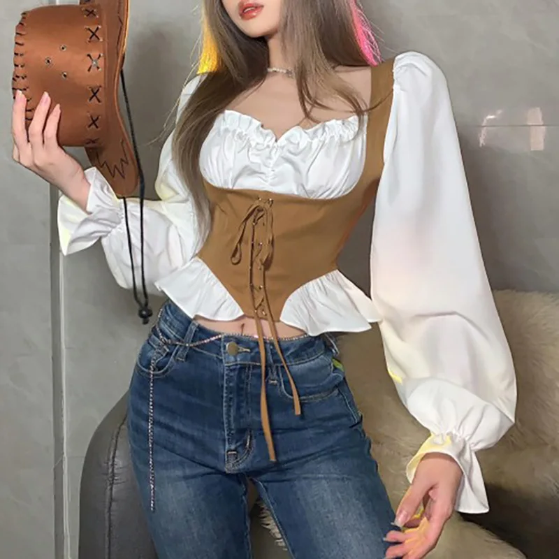 

New Trumpet Sleeve Crop Top Women Clothing Streetwear Stitching Drawstring Waist Contrast Color Youthful All-match Corset Denim