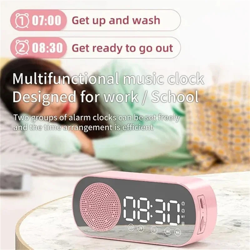 

Modern Home Decor Alarm Clock Desk Speaker Clock Bluetooth Speaker FM Radio HiFi Sound HD Mirror Screen TF Card Beside Clock