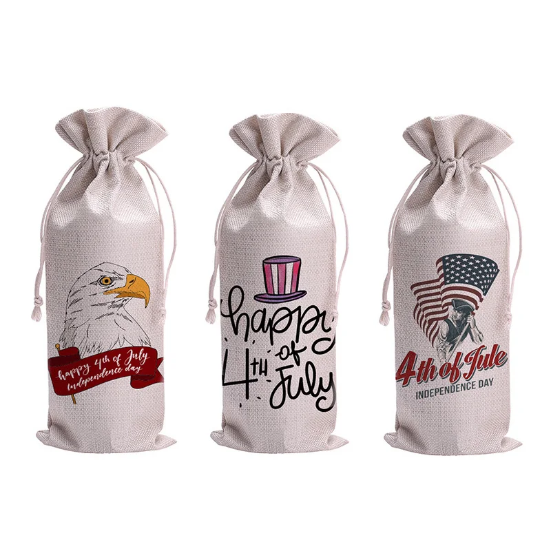 1PC High Quality Gift Bags Wine Bags Patriotic Memorial Drawstring Wine Bottle Bag Linen 4th of July Independence Day