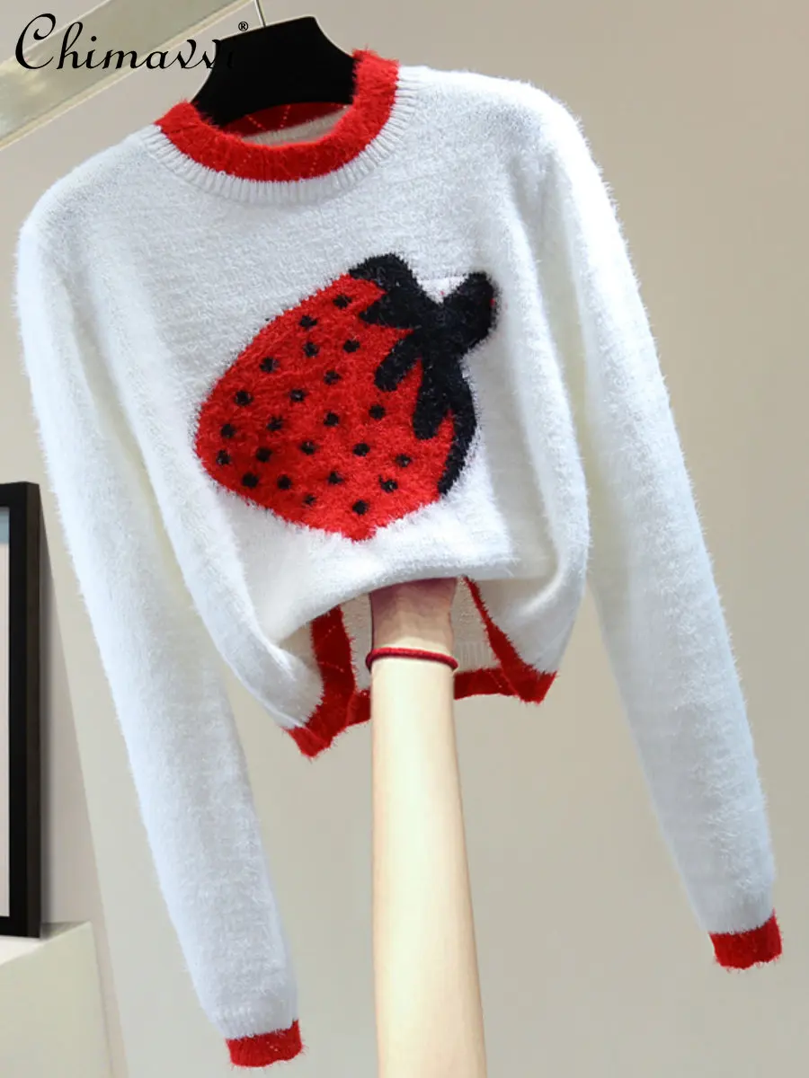 

Winter Korean Style All-Matching High Waist Short Strawberry Printed Pullover Color-Block Crew Neck Mohair Long Sleeve Sweater
