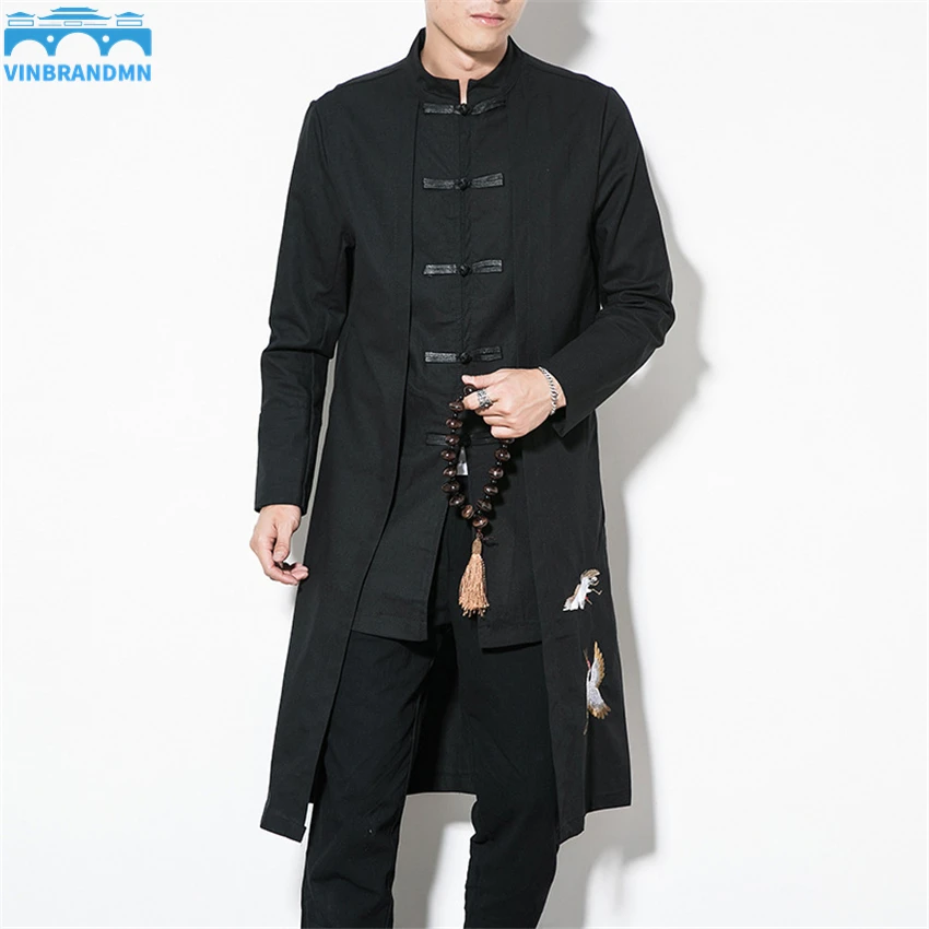 

Chinese Style Tops 2022 News Coat Linen Embroidery Crane Casual Long Gown New Year Clothes Traditional Chinese Clothing for Men