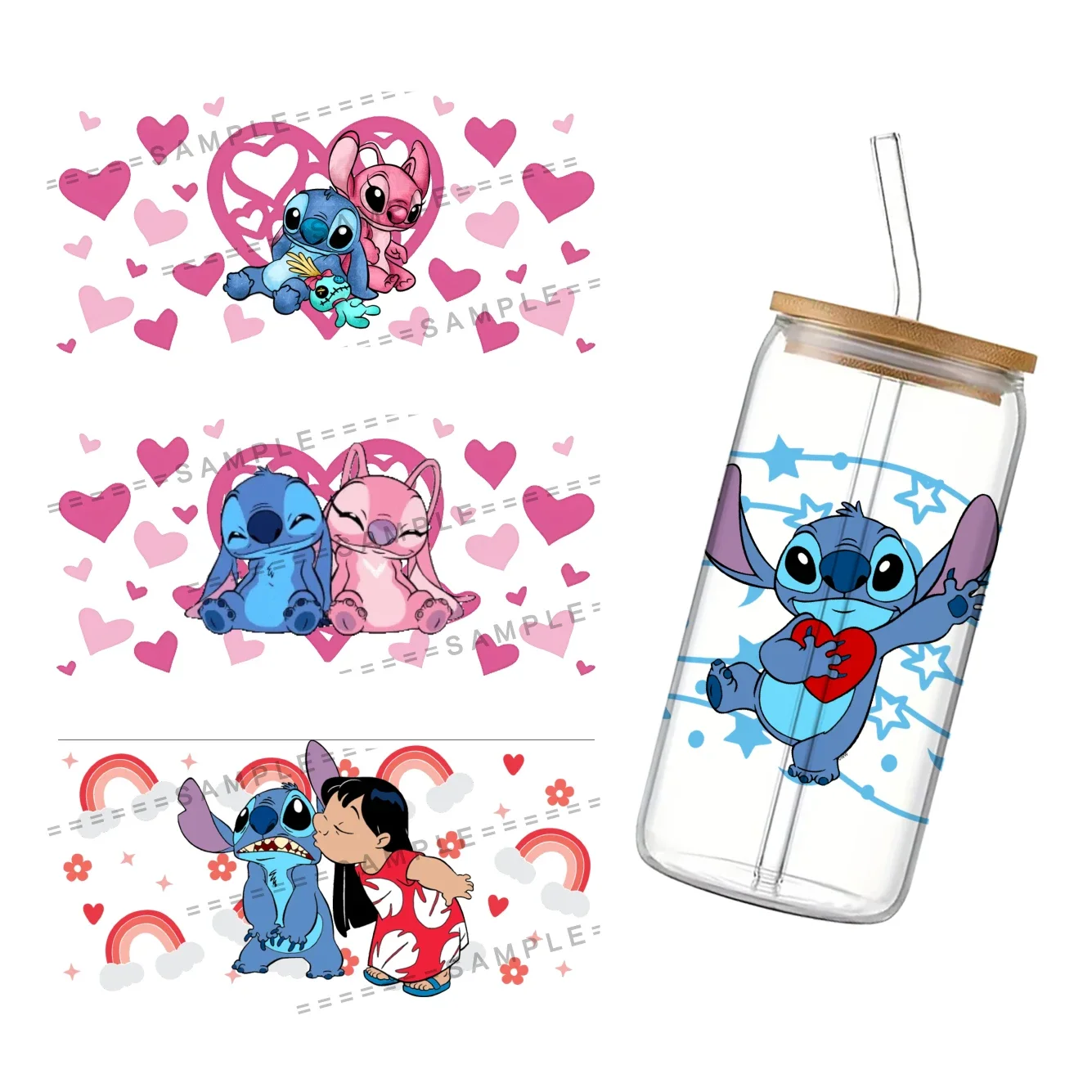 Фото Наклейка-переводка для стакана 16 унций Libbey Disney Stitch, 11x24 см, с УФ-печатью, тематика Дня святого Валентина, для самостоятельного изготовления №1
