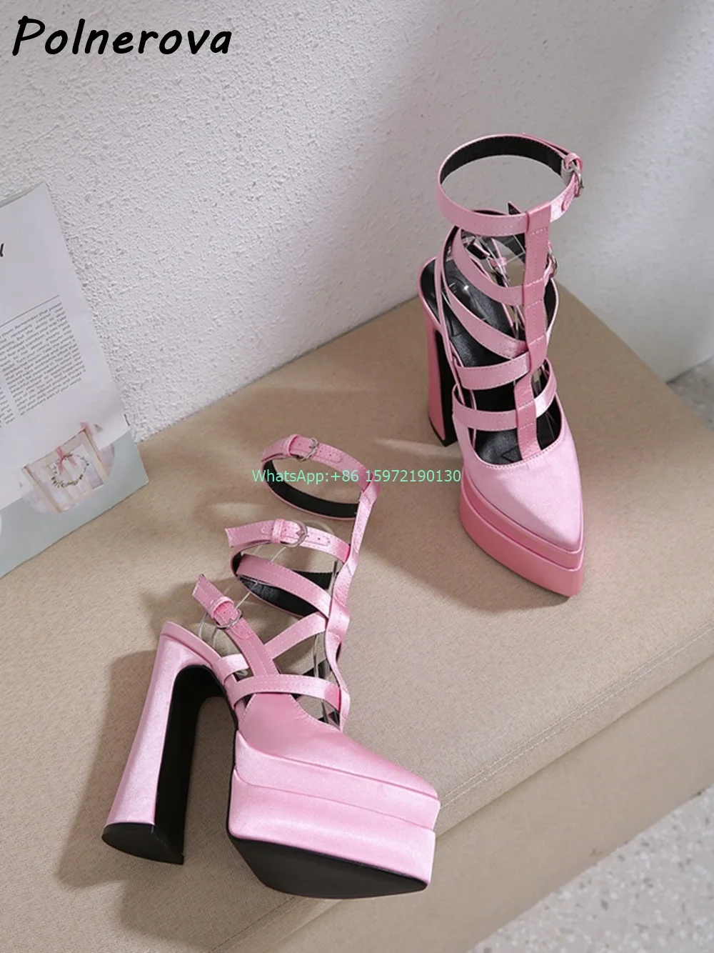 Сандалии на платформе с узкими ремешками открытый носок толстый каблук пряжка