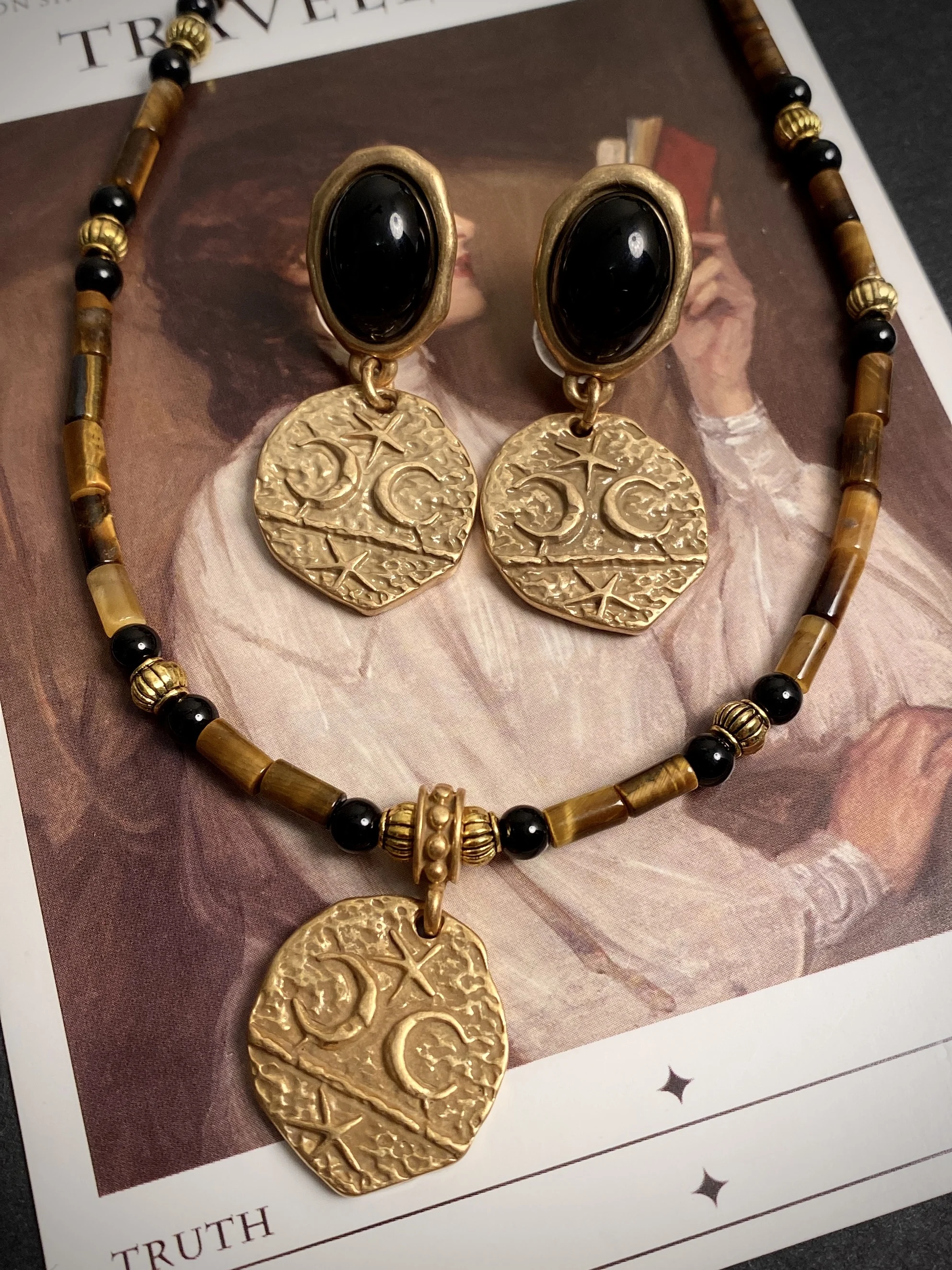 Серьги из натурального тигрового глаза и камня винтажное ожерелье черного