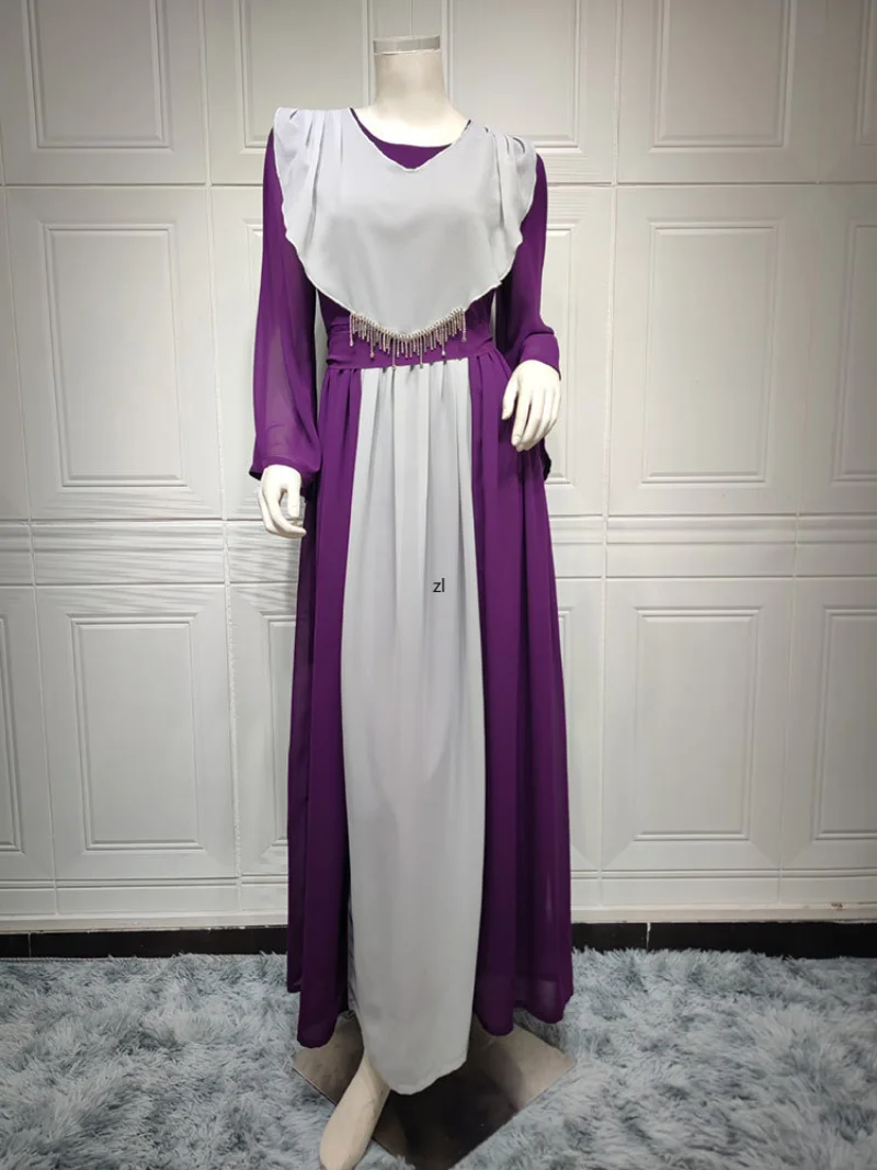 Chiffon Abaya Arabic Long Dress Women Patchwork Beaded Tassel  Lined Muslim Moroccan Kaftan Gulf Jalabiya Turkish Modest Abayas