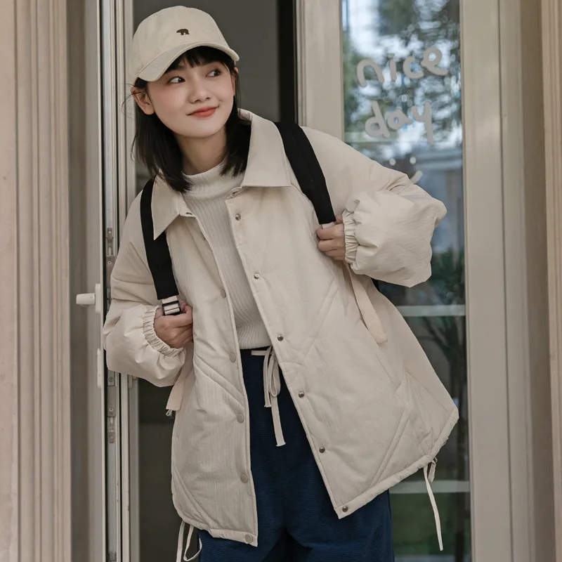 Plaid Square Collar Down Cotton Jacket Female 2022 Winter New Design Sense Hem Drawstring Cotton Jacket