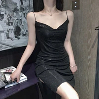 2021 summer women sexy backless v neck spaghetti strap black dress new korean fashion elegant temperament short slim mini dress