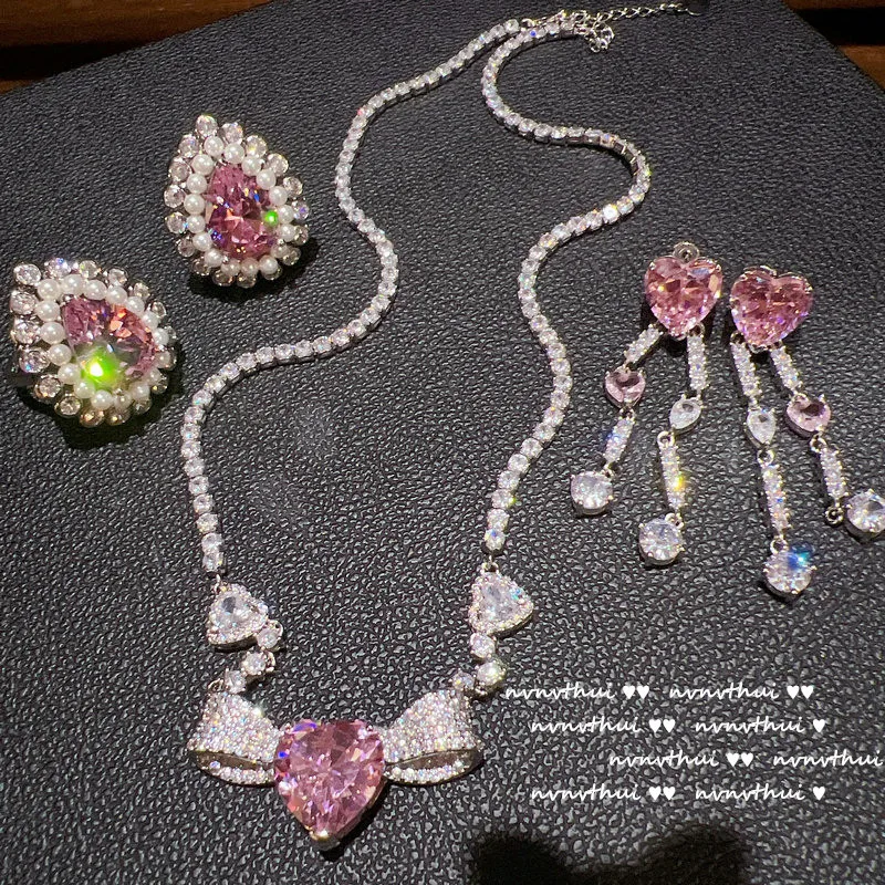 

Princess Pink Heart Wings Necklace Fine Drop love pendant Romance jewelry set banquet wedding fine accessories