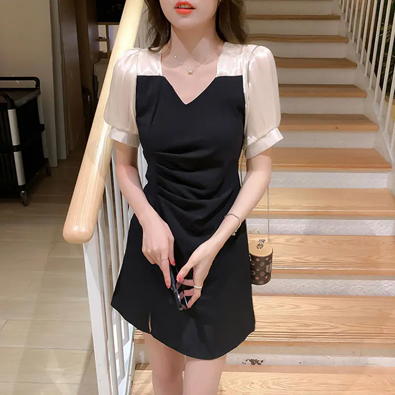 

Dress Women Sexy Patchwork Leisure Holiday Party Female Side-slit Elegant Puff Sleeve Abdomen Two-length Fashion Design Summer