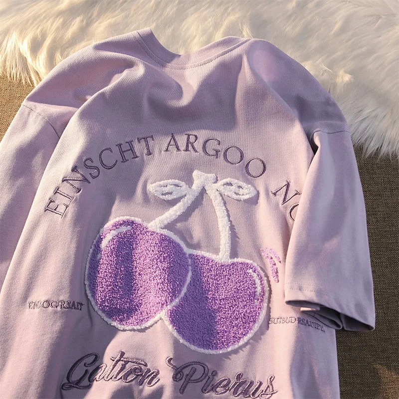 

Ins Sweet Girls Chic Cherry Embroidery T Shirts Kawaii Clothes Korean Streetwear Oversized Tees Tops 2022 Summer Cotton Harajuku