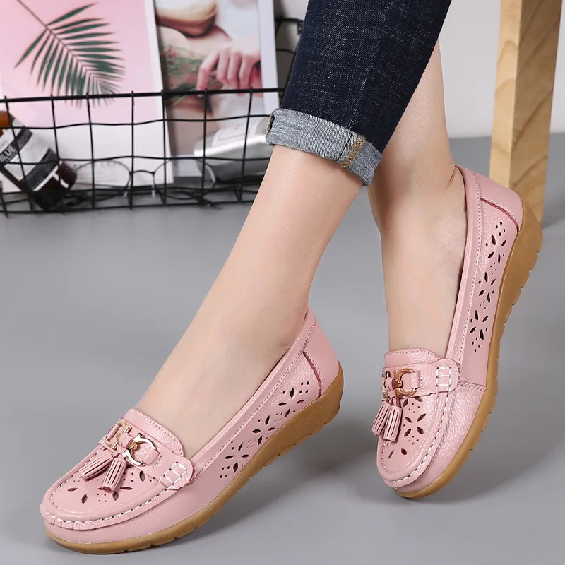 Women Genuine Leather Shoes Summer Flats Moccasins Shoes Slip On Ladies Casual Soft Loafers Nurse Ballerina Shoe Female Footware