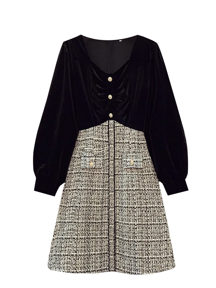 Cara Plus size Graceful Velvet Dress Women Autumn and Winter 2024 New Sle Fat Sister Western Age-Reducing A- line Skirt