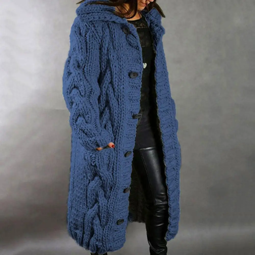 

Long Sleeve Hood Coat Women Knitted Cardigan Buttons Warm Winter Twist Pocket Hooded Coat