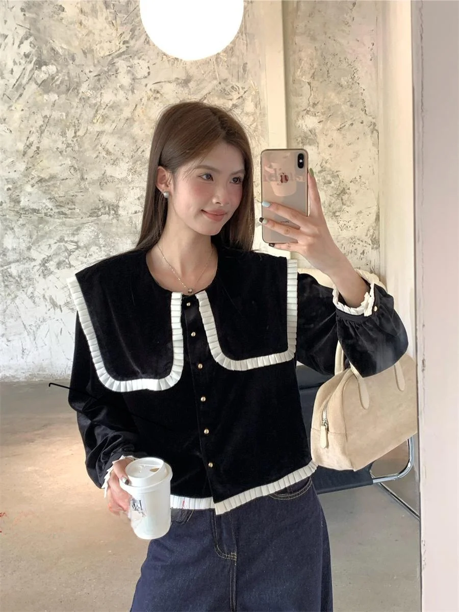 Черно-белые контрастные цвета темно-синие бархатные рубашки с лацканами женские