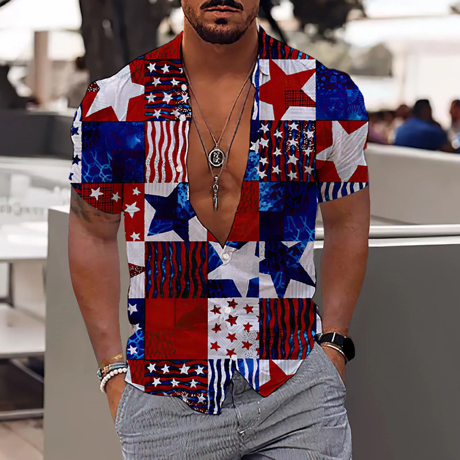 

Мужская мода и досуг 3D цифровая печать на пуговицах отворот День Независимости с короткими рукавами в стиле 70-х Стильная мужская одежда футболка