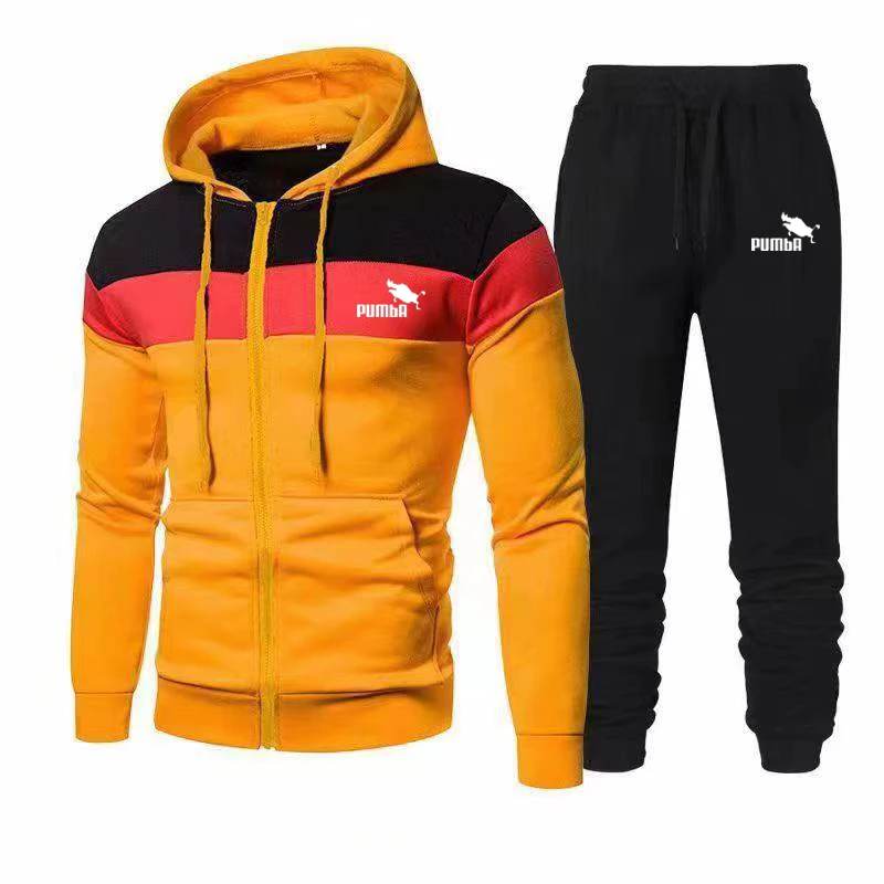 

Men's New Spring and Autumn Colorblock Zipper Hooded Suit Men's Fashion Casual Sweater Sweatpants Suit