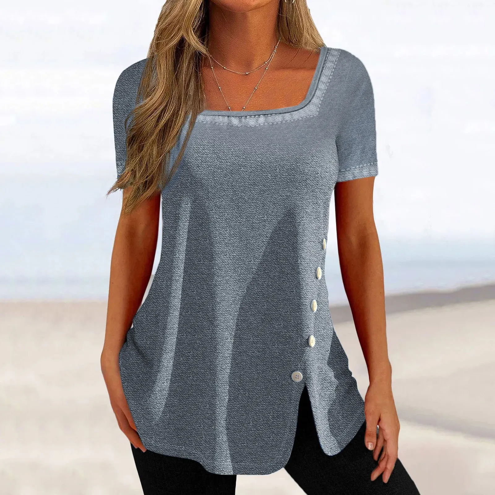 

Женская футболка с коротким рукавом, квадратным вырезом, принтом и пуговицами