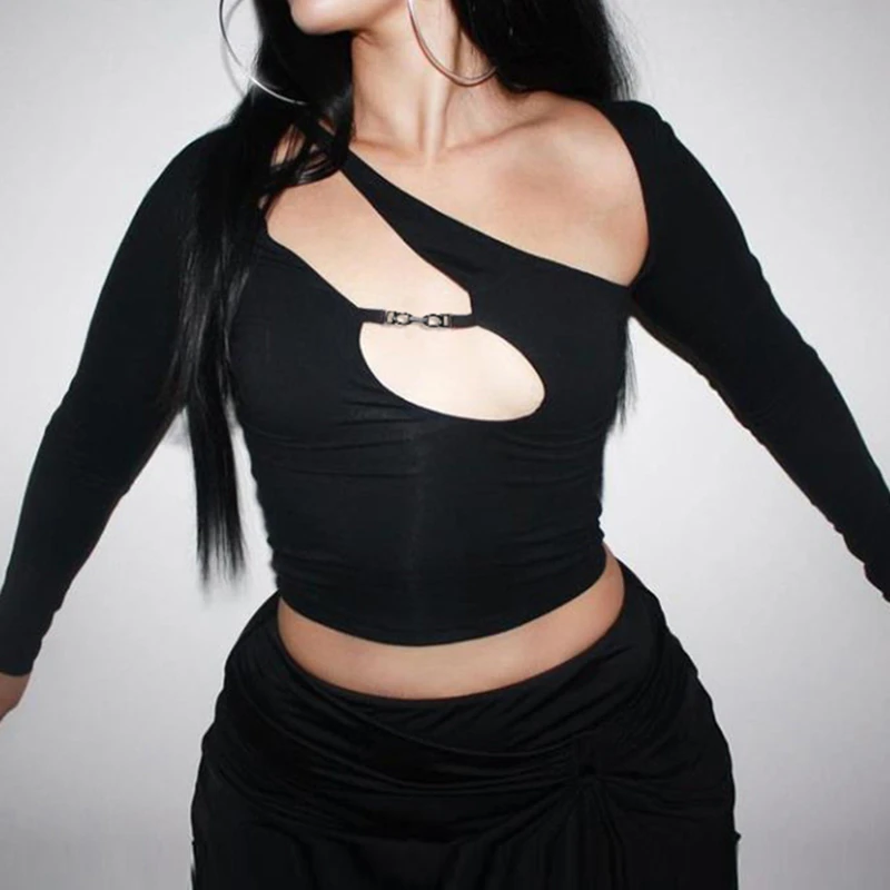 

Сексуальные облегающие футболки с вырезами и косым воротником, Женская Клубная одежда Y2k для вечерние, женский короткий топ в готическом ст...