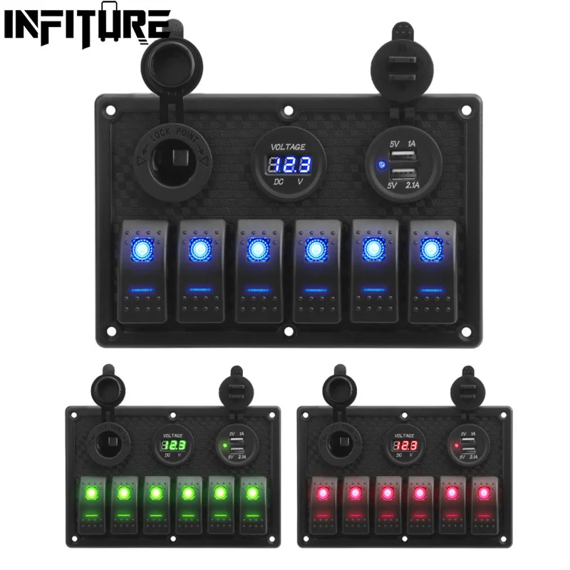 

12V/24V Rocker Switch Panel For Truck Camper RV Yacht Marine Car 6 Gang Dual USB Slot Socket Digital Voltmeter Voltage Display