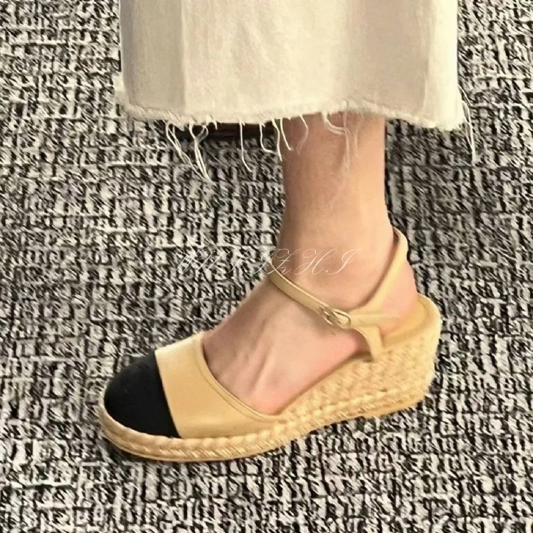 Apricot Wedge Bucket Shoes Leather Suede Black Espadarille Women Braided Round Cover Heel Casual Mixed Colors Sandal Buckle Shoe