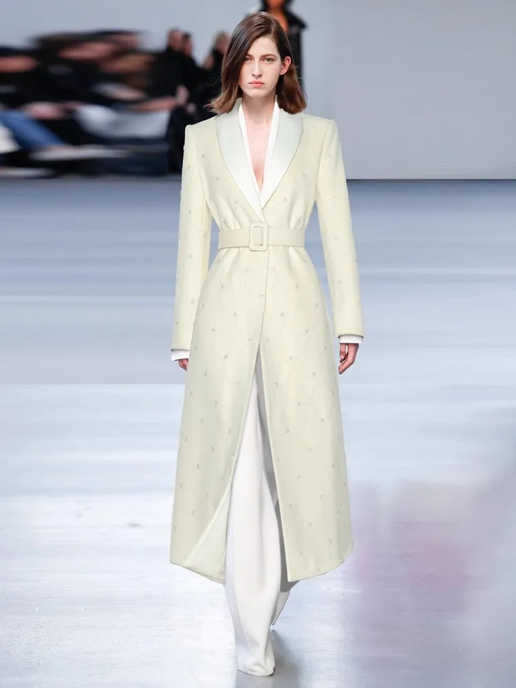 Seasixiang пальто с бисером для женщин отложным воротником и длинными рукавами поясом