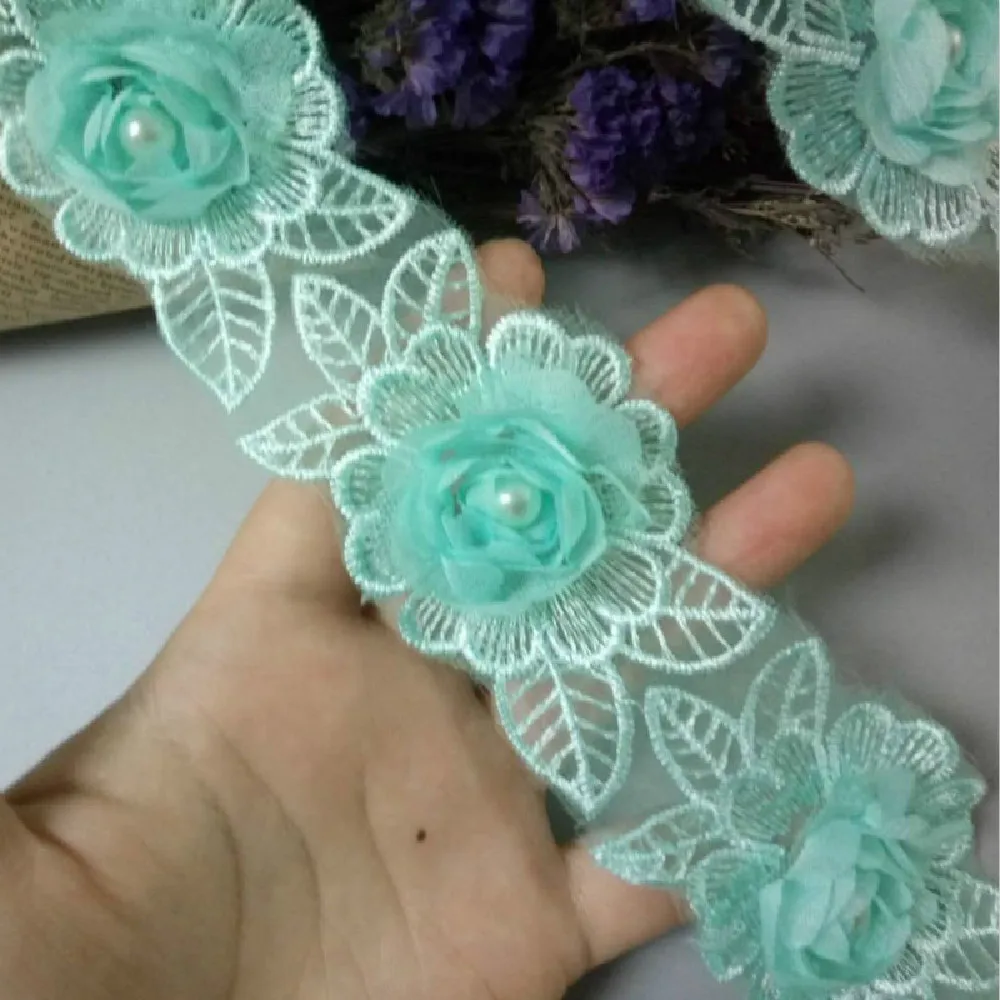 

1 Yard 5cm Soluble Green Diamond Pearl Flower Lace Trim Embroidered Applique Wedding Fabric Ribbon Sewing Craft For Costume Hat