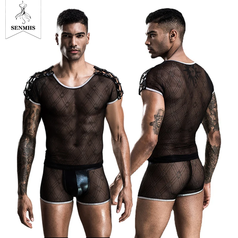 

SENMHS 2 Piece Set Black Lace Up See Through Mesh Adult Nightclub Bar Exotic Outift Hot Cosplay Costume Sexy Halloween For Men