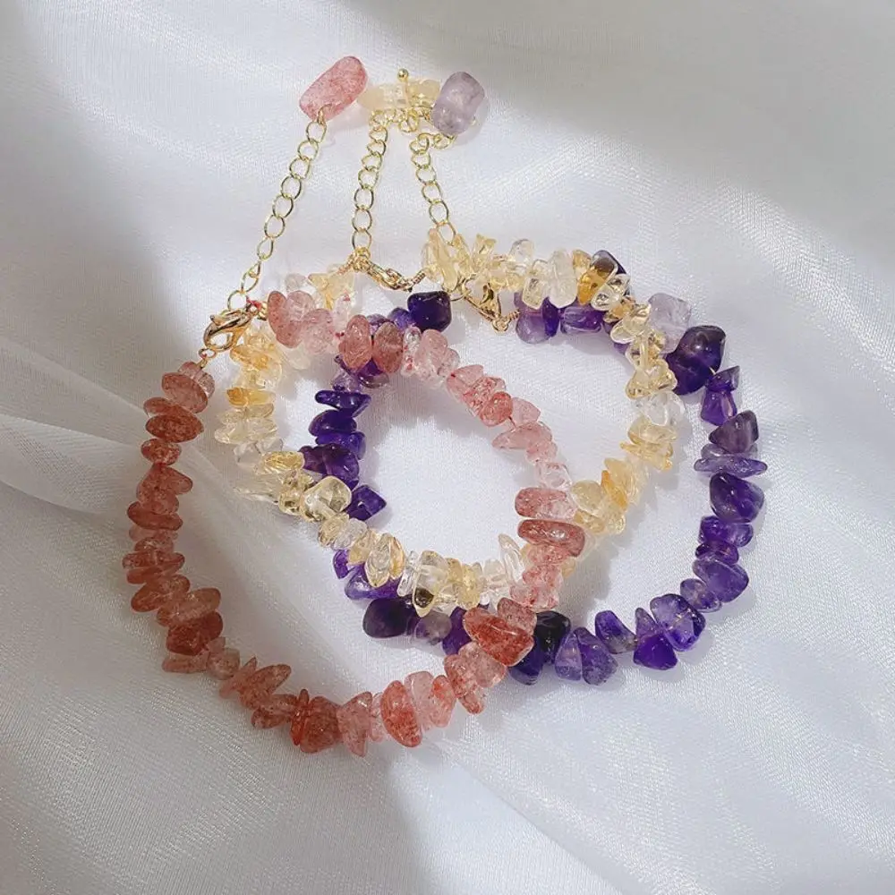 

Natural Gem Stone Irregular Strawberry Crystal Bracelet Amethyst Gravel Bracelet Beads Extended Chain Jewelry For Women Boho