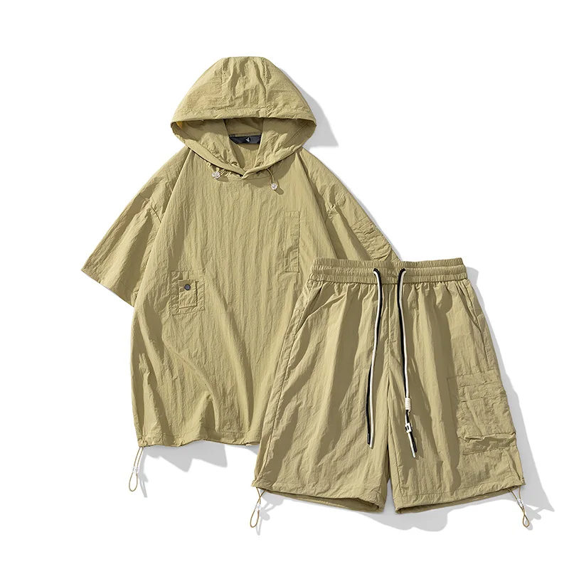 Ropa Men Clothing Hooded Korean Fashion Men Designer Clothes 2 Piece Sets Outfit 2023 Summer Short Sleeve And Shorts Casual Suit