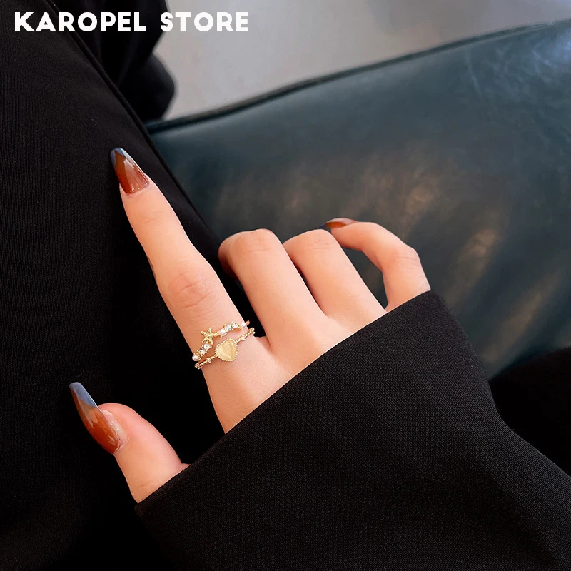 

Zircon Heart Rings for Women Exquisite Fashion Jewelry for Wedding Party Double Layer Ring Korean Style Adjustable Open Ring