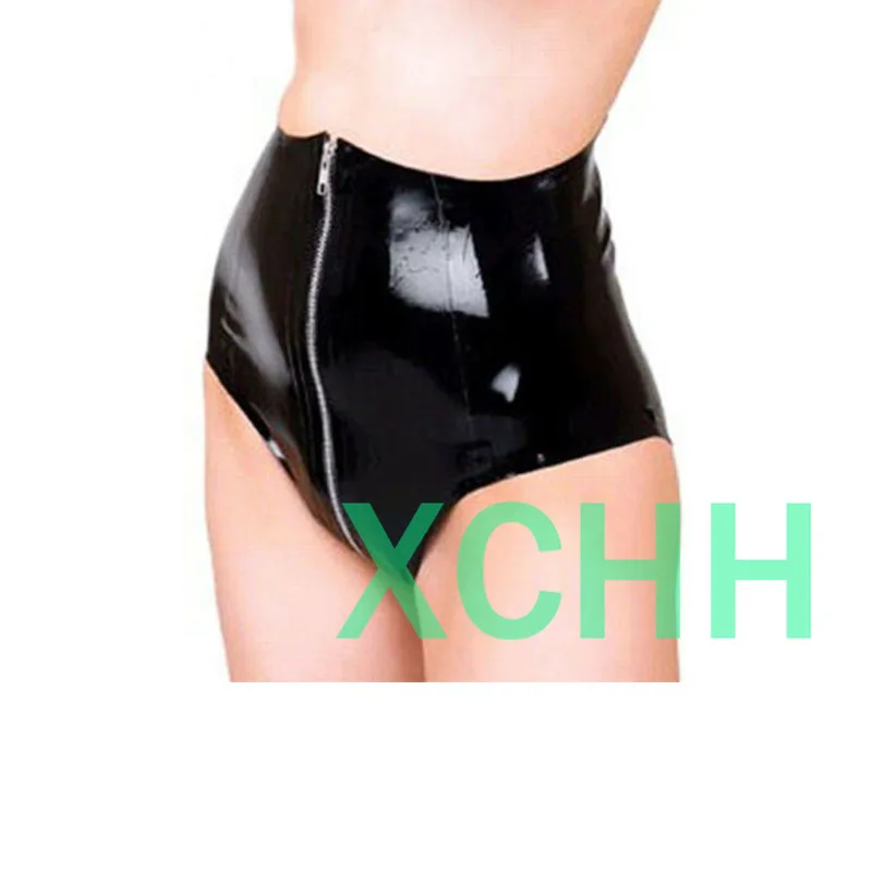 

Ladies Latex Panties High Waist Handmade Black with Front Zip Underwear Shorts