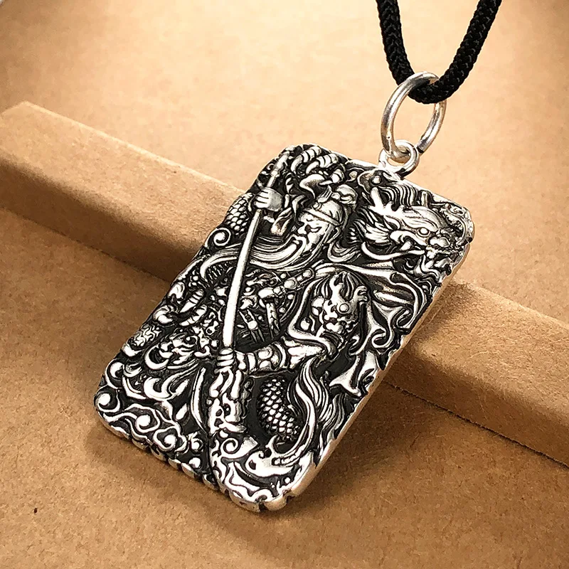 Властное серебряное прямоугольное ожерелье Guan Yu с кулоном для мужчин и женщин