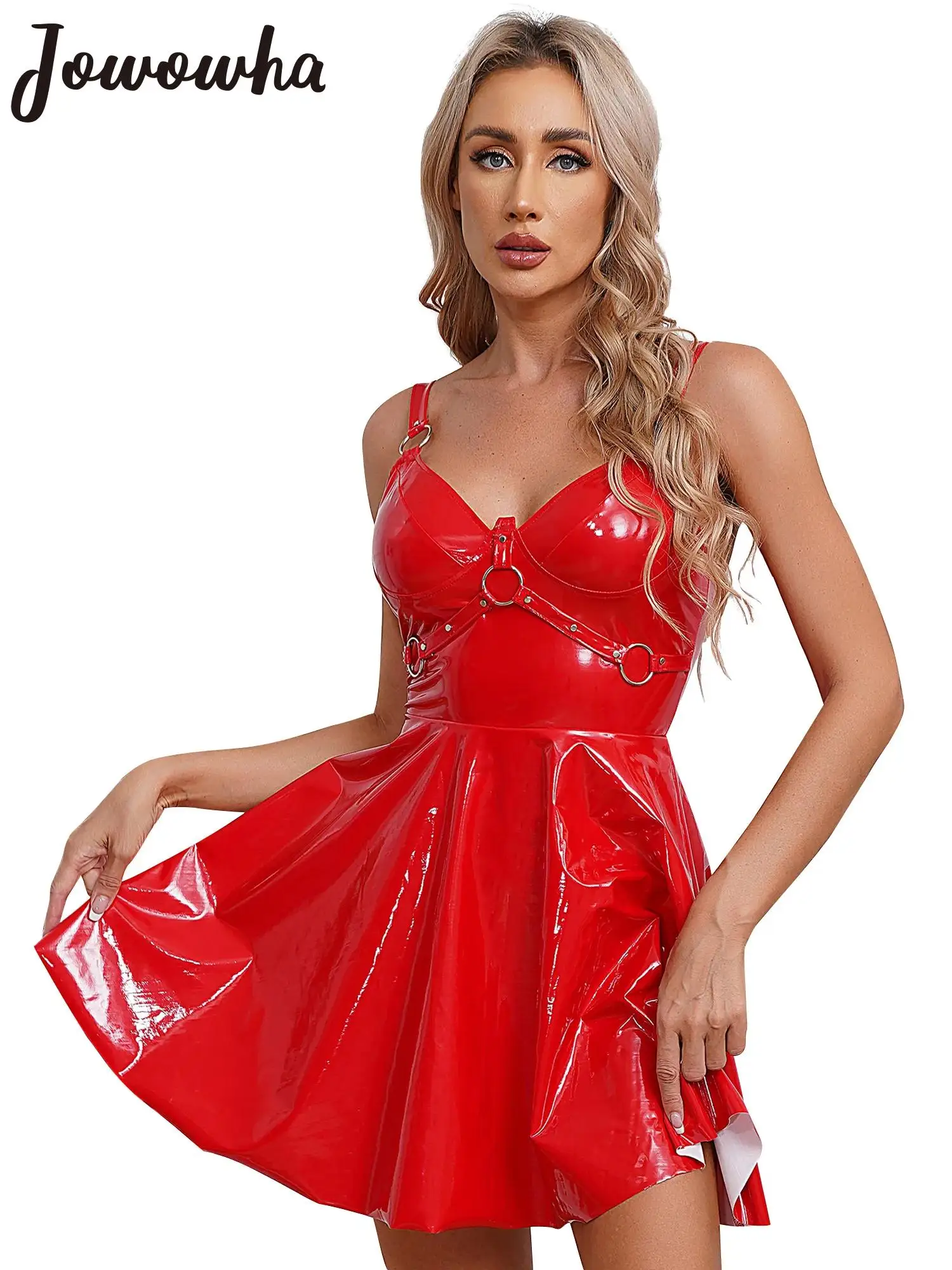 

Womens Wet Look Patent Leather Slip Dress O-Ring Rivets Strappy V Neck Gothic Punk A-Line Mini Dresses Rave Theme Party Clubwear