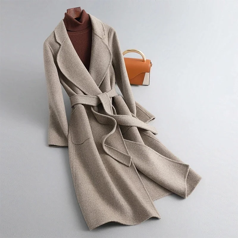 

Arrivals New Women Autumn Classic Double-Faced Cashmere Woolen Female Outerwear Belt Winter Wool Coat Large Size