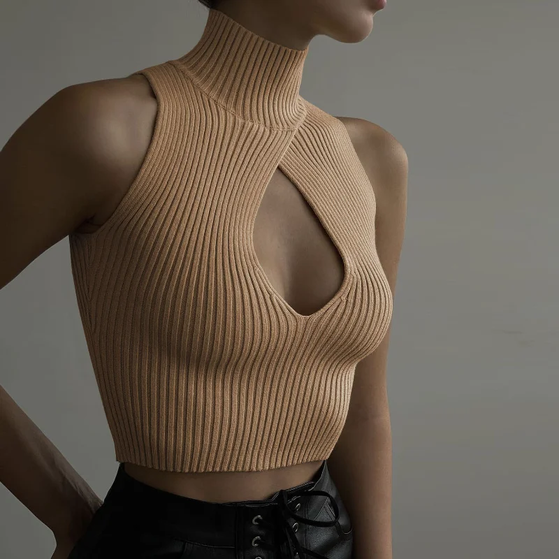 

Women Hollow Out Turtleneck Tank Tops Sexy Solid Sleeveless Tops Female Super Short T-Shirt 2023 Spring Ladies Fashion Vest