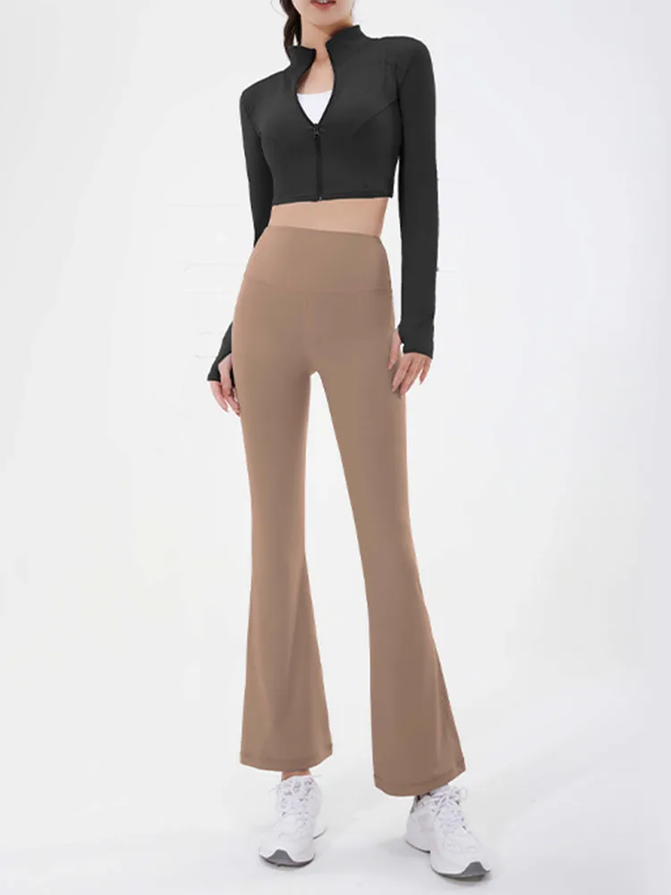 

SVOKOR 2PCS Naked Feeling Yoga Suit Women Color Blocking Sports Outfit Elastic Fitness Flare Pants Long Sleeve Coat Sportswear