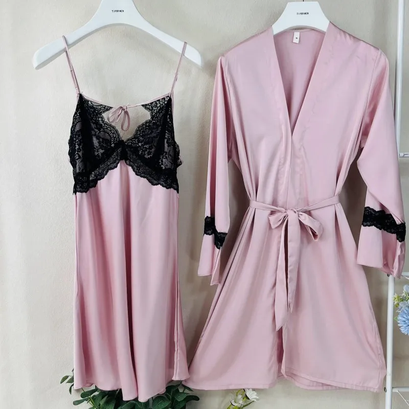 

2PCS Robe Gown Set Sleepwear Sexy Lace Hollow Out Chemise Nightgown Women Silky Satin Kimono Bathrobe Gown Nightdress Loungewear