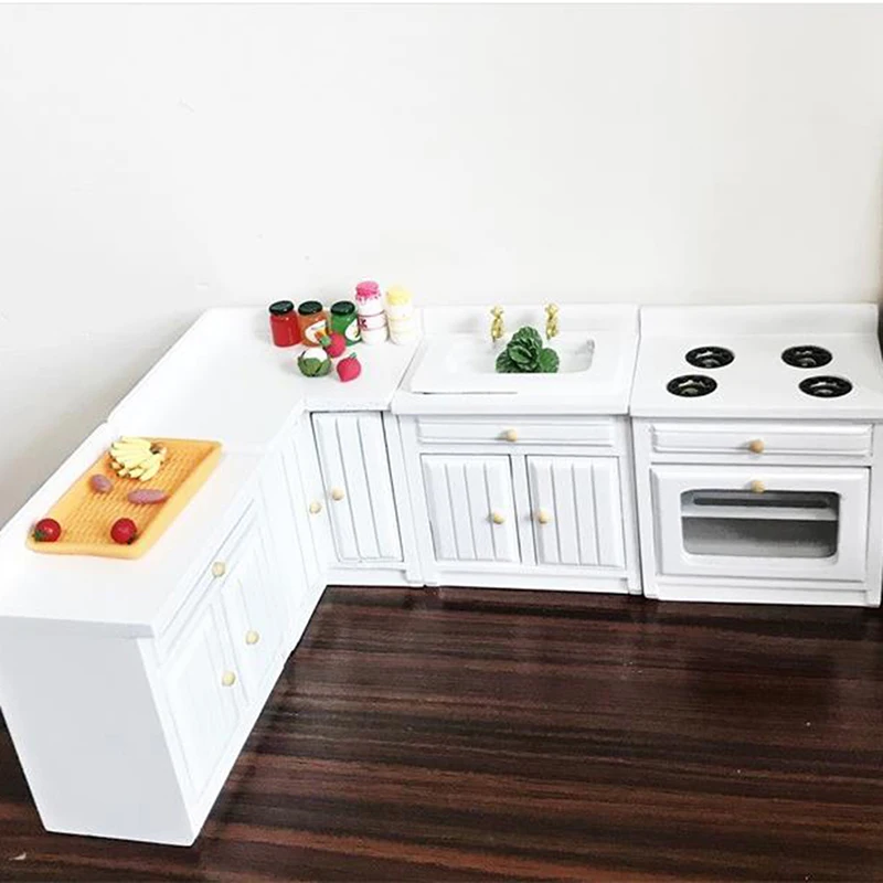 

1:12 Mini Doll House Kitchen Cabinet Miniature Food Model Cooking Table Sink Counter Set Combination Mini Dollhouse Accessory