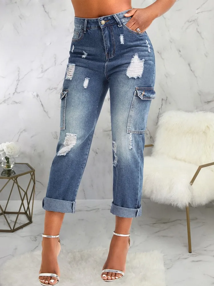 

Safari Styie Women's High Waistline Denim Trousers Sexy Side Pockets and Cargo Pockets Ripped Straight Leg Loose Fit Long Jeans