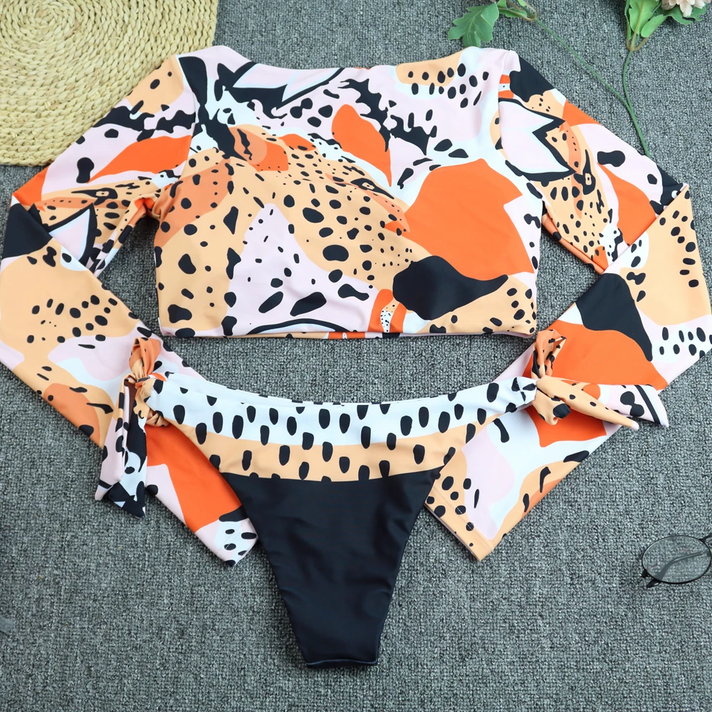 

Leopard Woman Sexy Bikini 2021 Sunscreen Swimsuit Women Long Sleeve Bandage Swimsuit Bikini Push Up Summer Bath Suit Bandeau