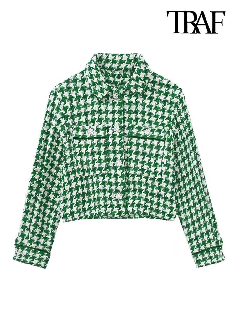 Женская твидовая куртка на пуговицах с длинным рукавом и накладными карманами -