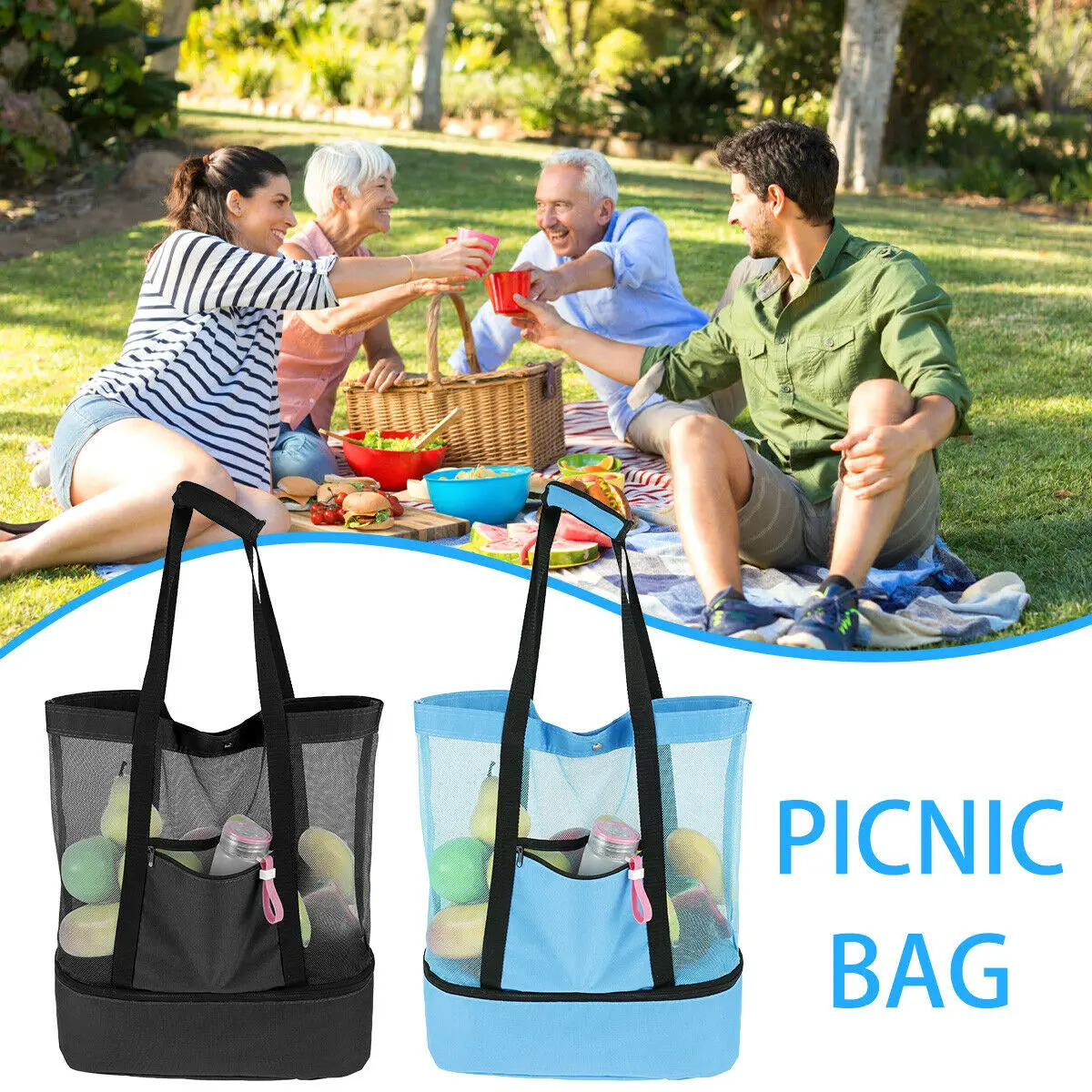 

Foldable Mesh Beach Tote Bag Dual-Layer Insulated Bag Outdoor Picnic Travel Single Shoulder Insulation Bag Toys Clothes Bags