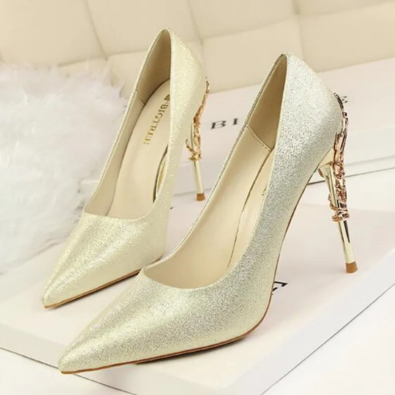 

2022 Metal Carved Office High Heels Pumps Women Dress Shoes Sexy Pointed Toe Ladies Party Shoe Candy Colors Female Wedding Heels