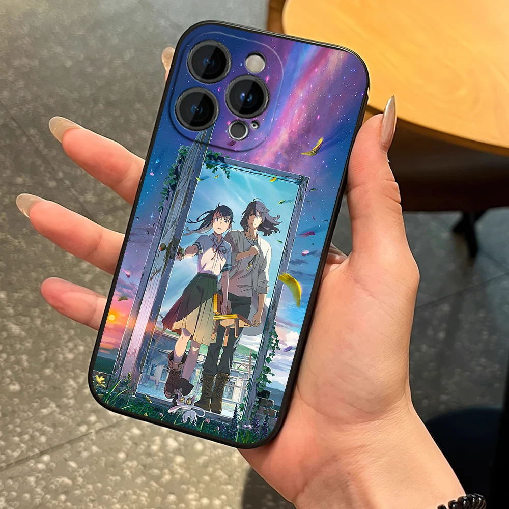 Anime S-Suzume Phone Case for iPhone 12 11 13 14 15 16 Max Pro Plus Black Soft Silicone Cover